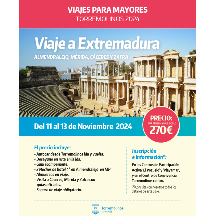 La delegación de Mayores organiza un viaje a Extremadura del 11 al 13 de noviembre